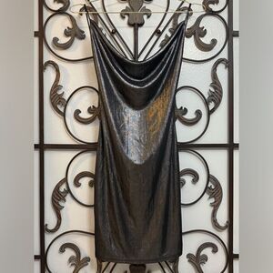 Shimmering Black Silver Slip Bodycon Stretch Party Dress with Low Back and Drape